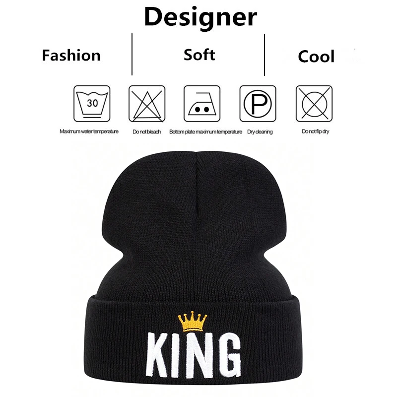 Unisex Crown KING Embroidery Beanies Autumn Winter Warm Hat Hip Cap Beanie Hat Caps for Women Men