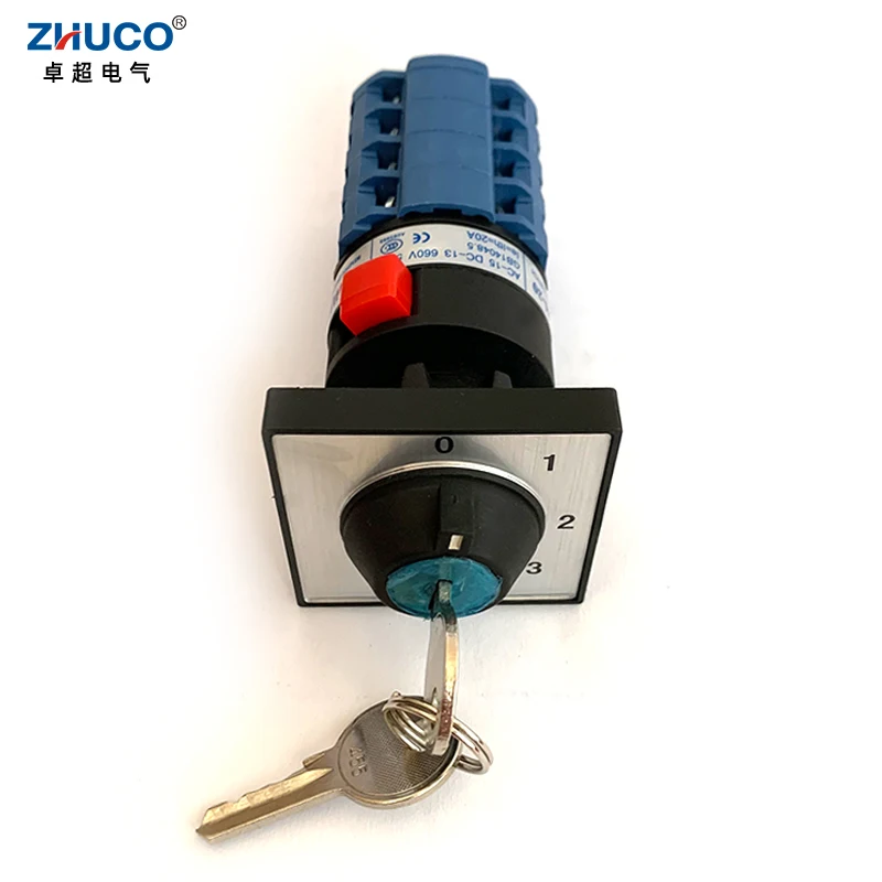 ZHUCO SZW26/LW26-20/0-4.4Y 20A 660V 5 Positions 4 Pole 16 Terminals Changeover Selector Universal Rotary Cam Switch With Key