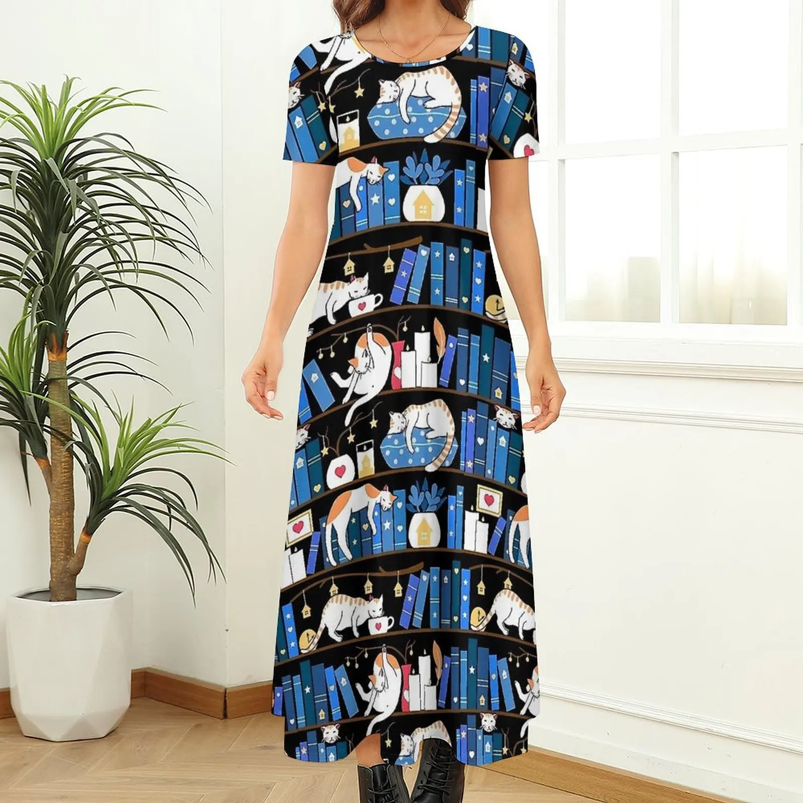 Robe de chat de bibliothèque bleue pour femmes, robe de soirée maxi, manches courtes, esthétique bohème, robes longues, grande taille, 6XL, 7XL