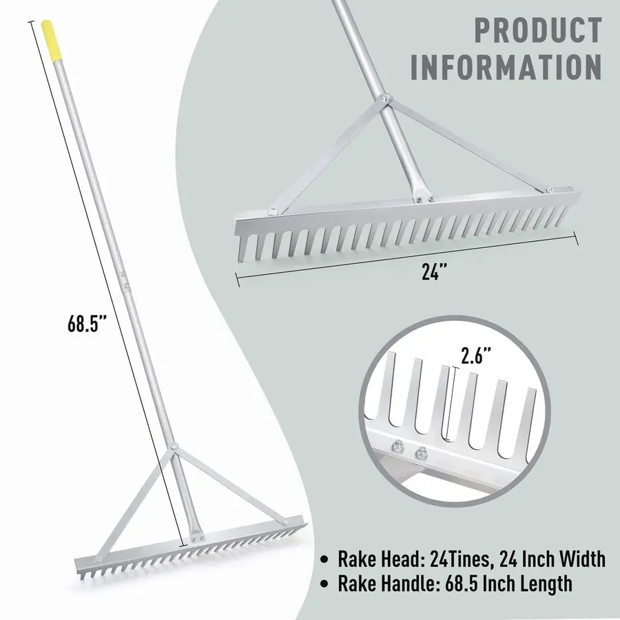

Ландшафтные грабли, 24 зубца, алюминиевая головка с ручкой 68, ширина 24 для ухода за газоном у пляжным усилием