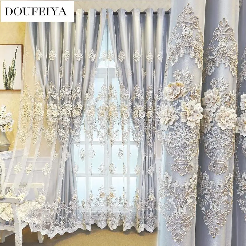 European Style Korean Double Layer Curtains for Living Room Bedroom Dining Embroidered Sheer Luxury Tulle Elegant Custom Size