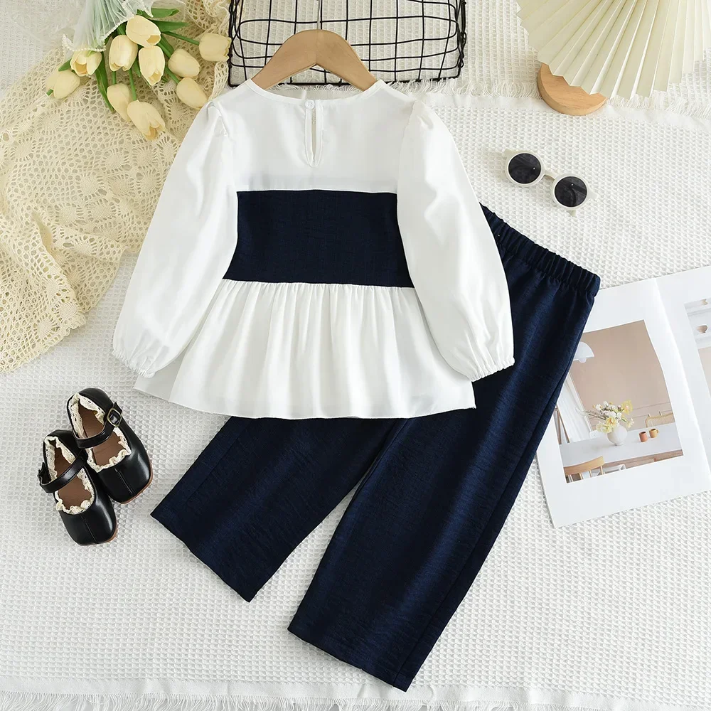 Spring and Autumn New Long Sleeve Casual Set Navy Blue Patchwork White Lotus Leaf Edge Length Sleeve Top+wide Leg Pants 2PCS