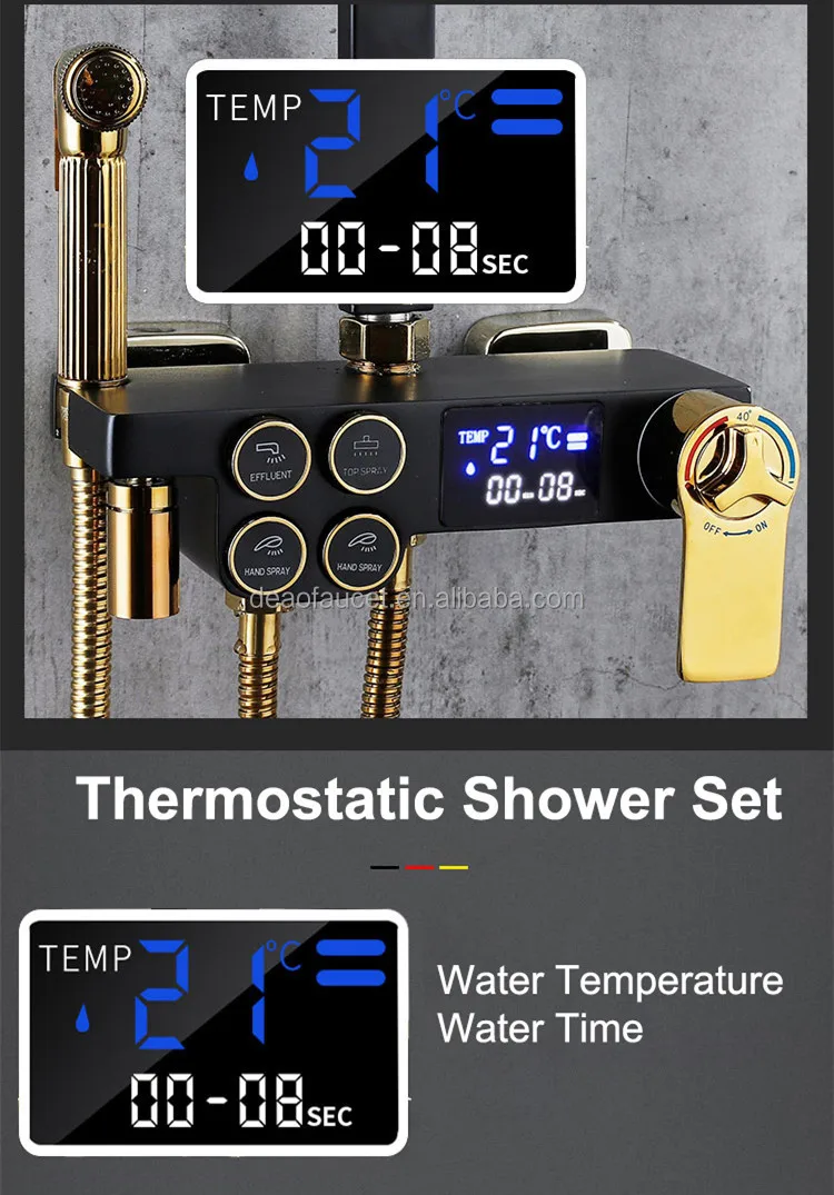 Black Gold Digital Thermostatic Shower Faucet Button Control Smart Shower Faucet Rainfall Bathtub Mixer Set Bathroom Bidet Tap