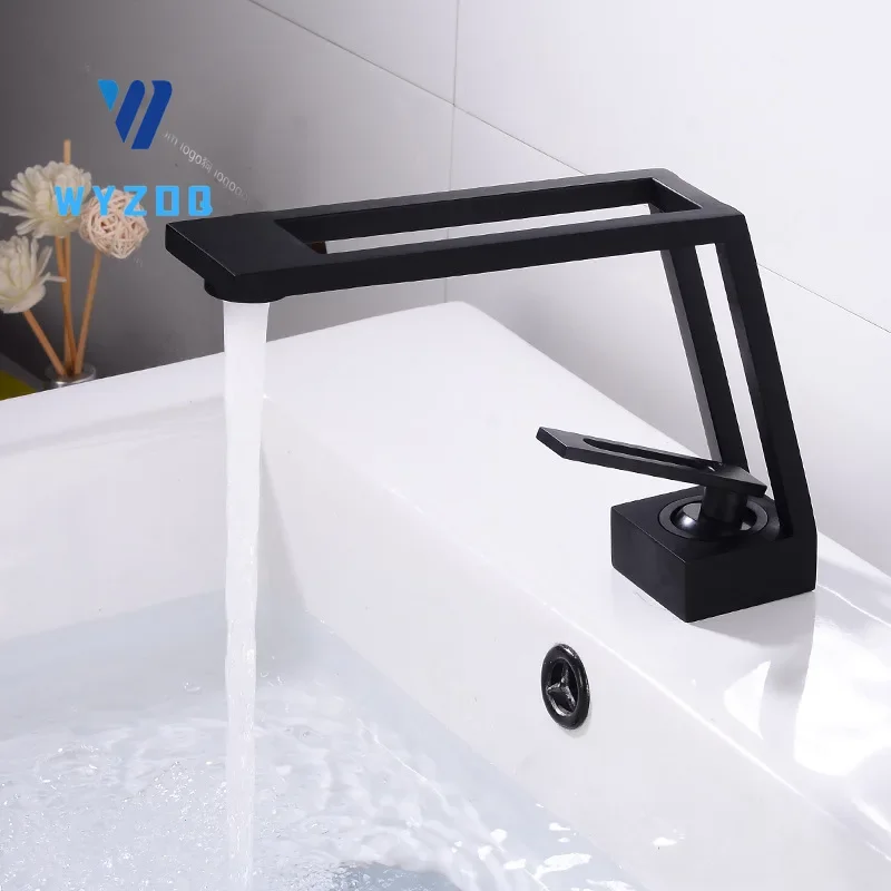 Grifo de lavabo de baño, mezclador de agua fría y caliente, monomando, montado en cubierta, negro, nuevo diseño