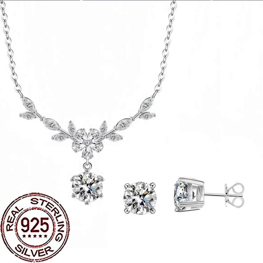

CWWZircons 925 Sterling Silver Delicate Round CZ Crystal Leaf Flower Necklace Earrings for Women Wedding Party Jewelry Set ST030