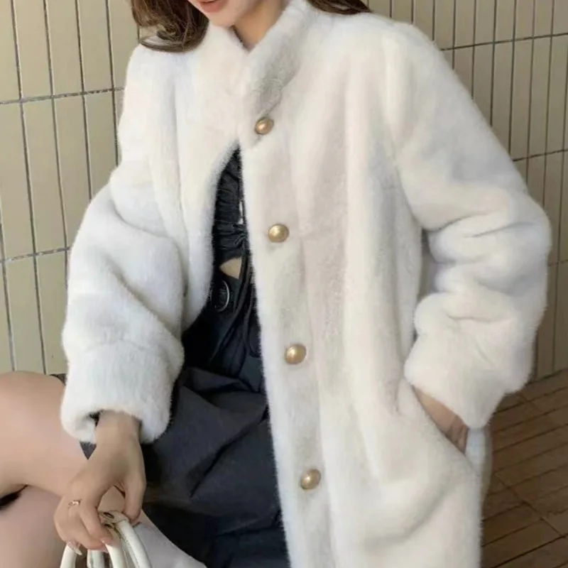 Autumn and winter long stand collar small fragrant wind cardigan fur trench coat commute wear with mink grass