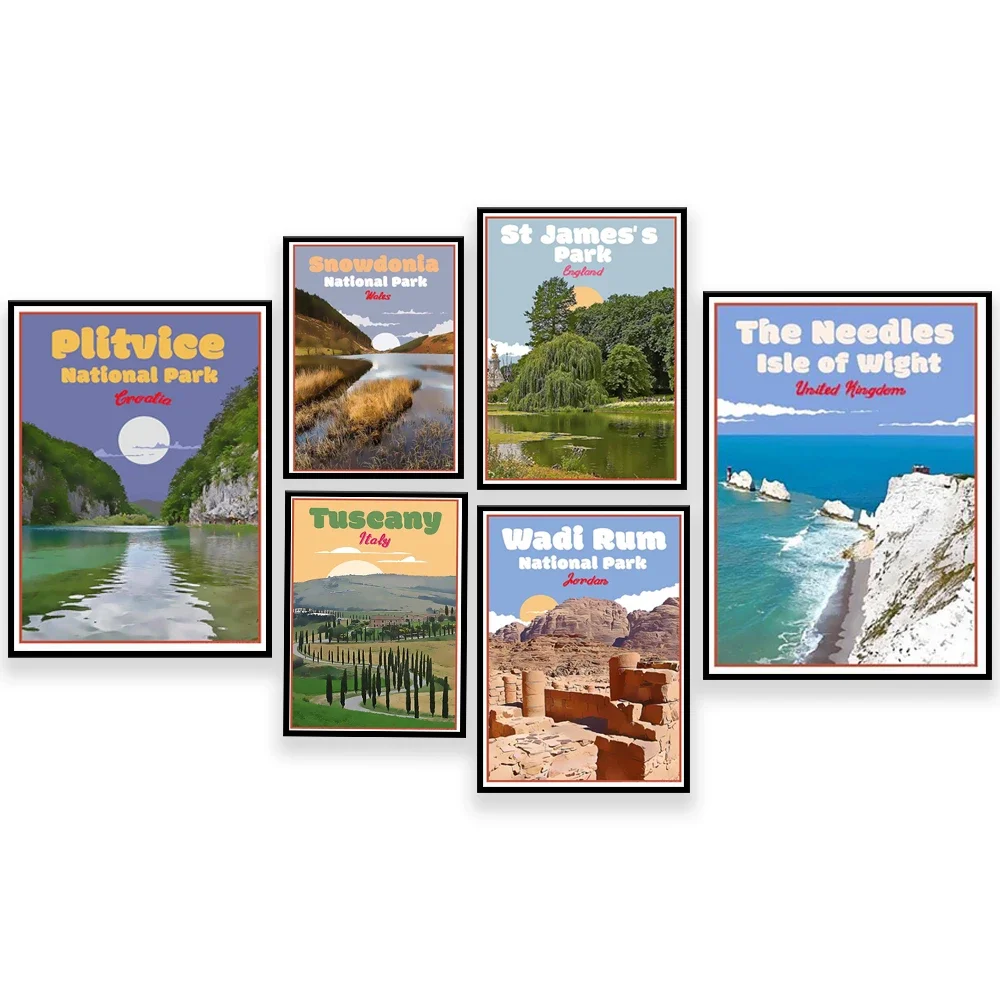 

Tuscany Italy, Snowdonia Wales, Plitvice Lakes National Park, Isle of Wight Needlehead, Timanfaya Lanzarote, London travel poste