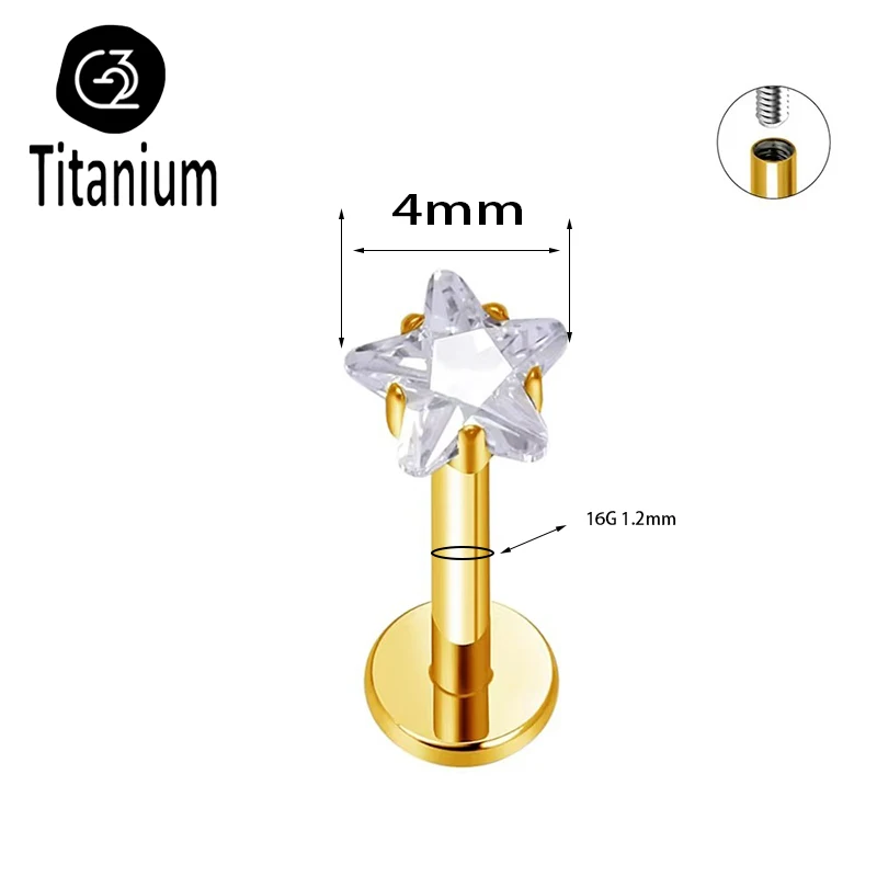 ASTM F136 G23 Titan 16G 18G Stern CZ Innengewinde Flat Back Labret Knorpel Tragus Helix Nasenstecker Piercing Lippenringe – Detail 2