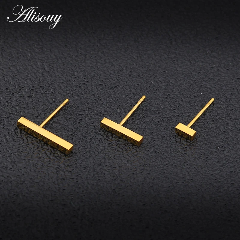 Alisouy 2PC 20g Minimalist Brief Gold Color Rose Gold Color Square Bar Stud Earrings For Women Femme Bijoux 5/10/15mm length bar
