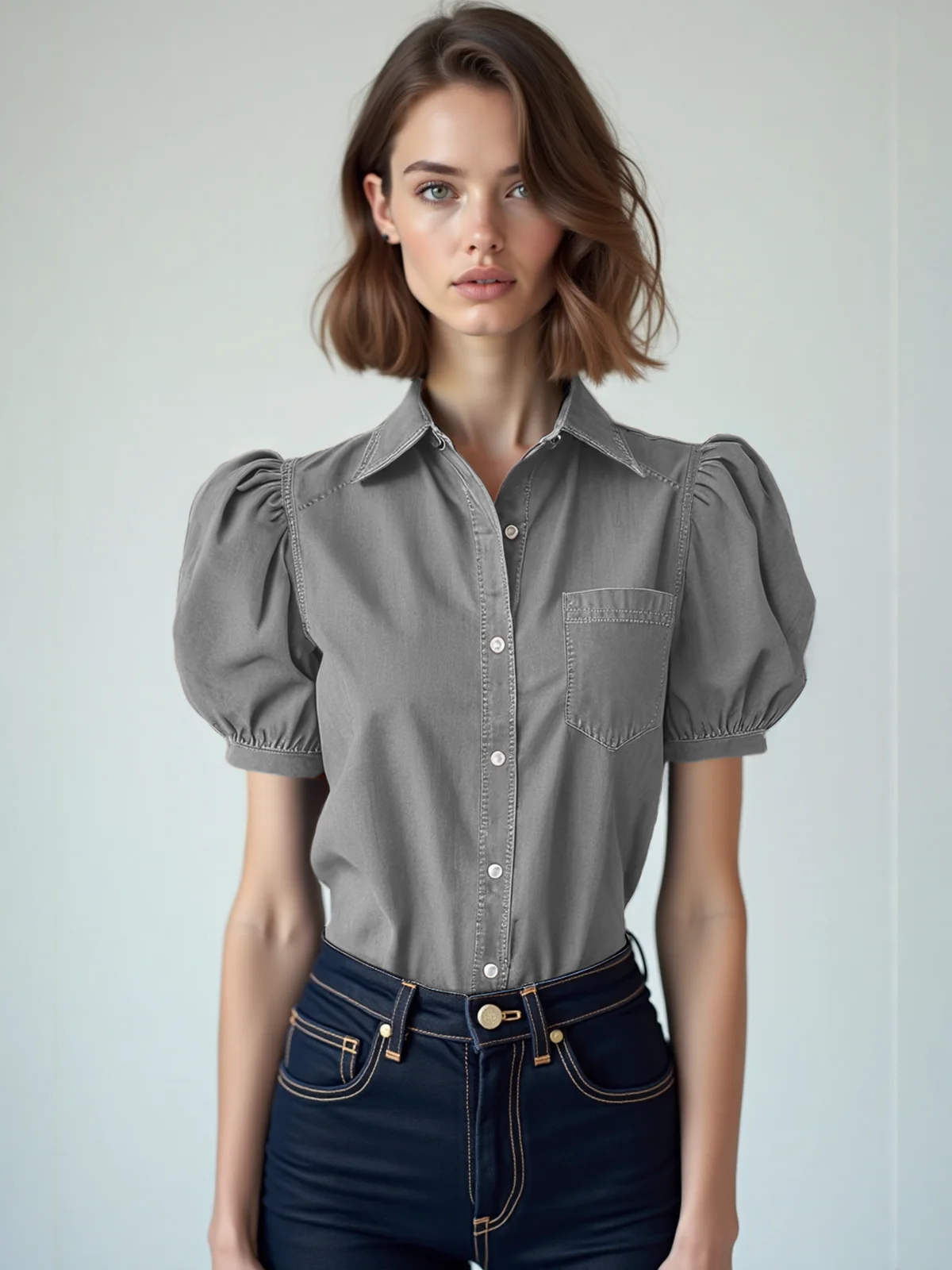 Women's Casual Shirt Short Sleeve Blouse Lightweight Breathable Summer Top Loose Fit Elegant Style Office Workwear Puff Sleeve