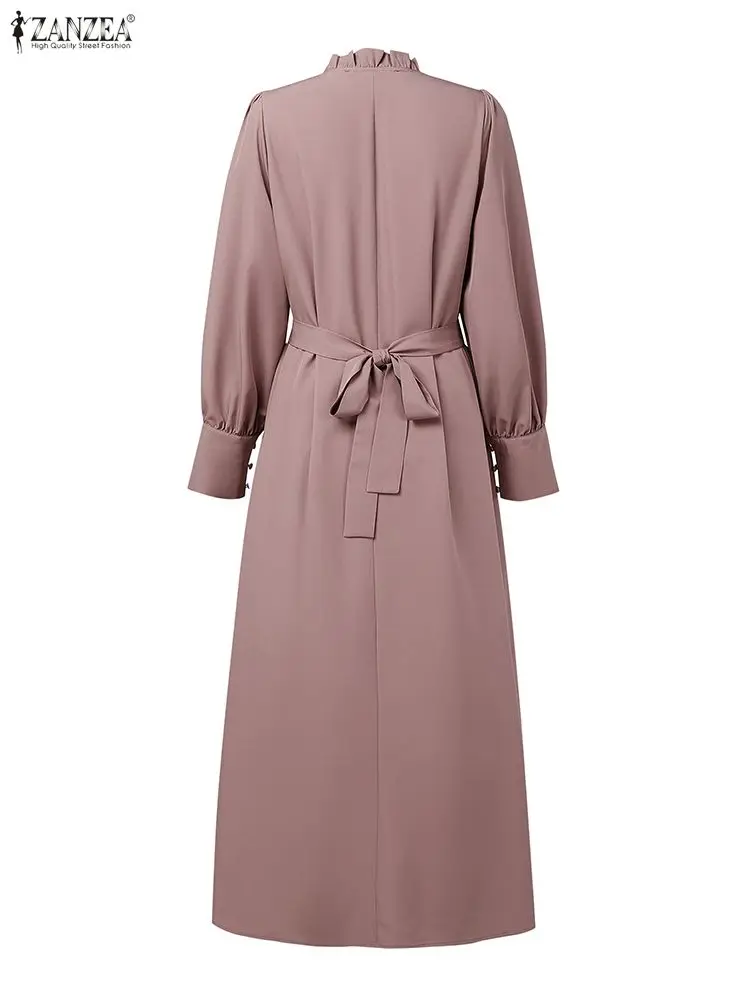 ชุดเดรสยาวมุสลิม ZANZEA สำหรับผู้หญิง สไตล์เรียบร้อย หรูหรา คอระบาย ผูกเอว แขนยาว ไซส์ S-3XL