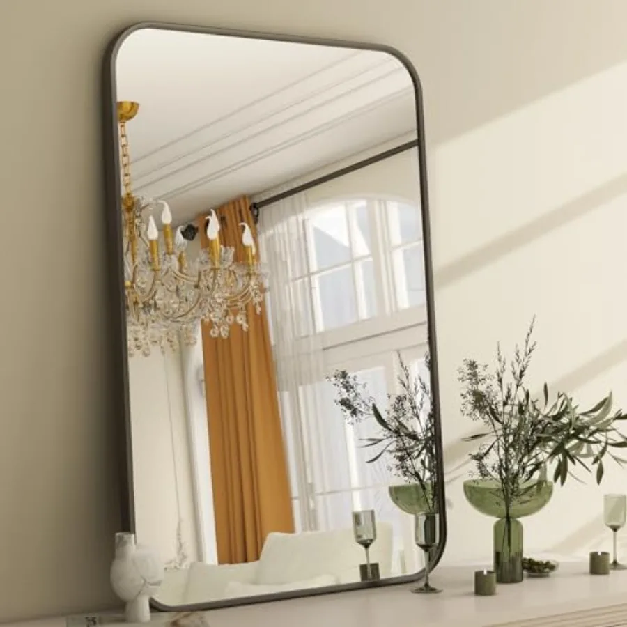 

24 x 36 Inch Rounded Rectangular Bathroom Mirror for Wall Installation Modern Wall-Mounted Vanity Mirror with Black Frame Ideal