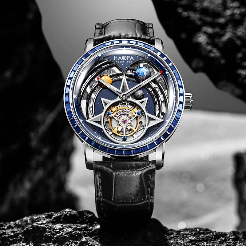 Haofa Flying Tourbillon Mechanical watch Man Solar System Zircon Luminous Automatic Movement 316 Stainless Steel Wristwatch 2269