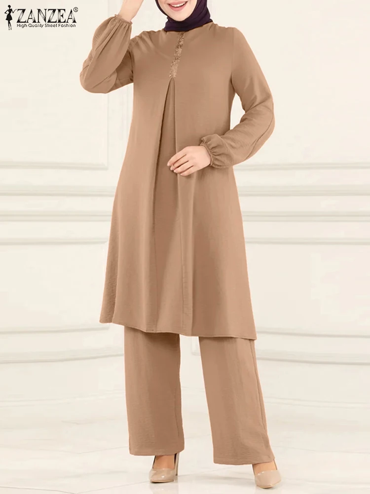 Women Muslim Matching Sets ZANZEA Fashion Long Sleeve Blouse Female Trousers Pantsuits Eid Mubarek Abaya Suit IsIam Clothing