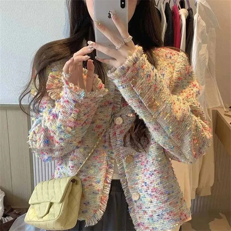 

Autumn Winter Ladies Fashion Tassels Top Jacket Korean Women Splicing Together Coat Female Round Neck Long Sleeves Outwear