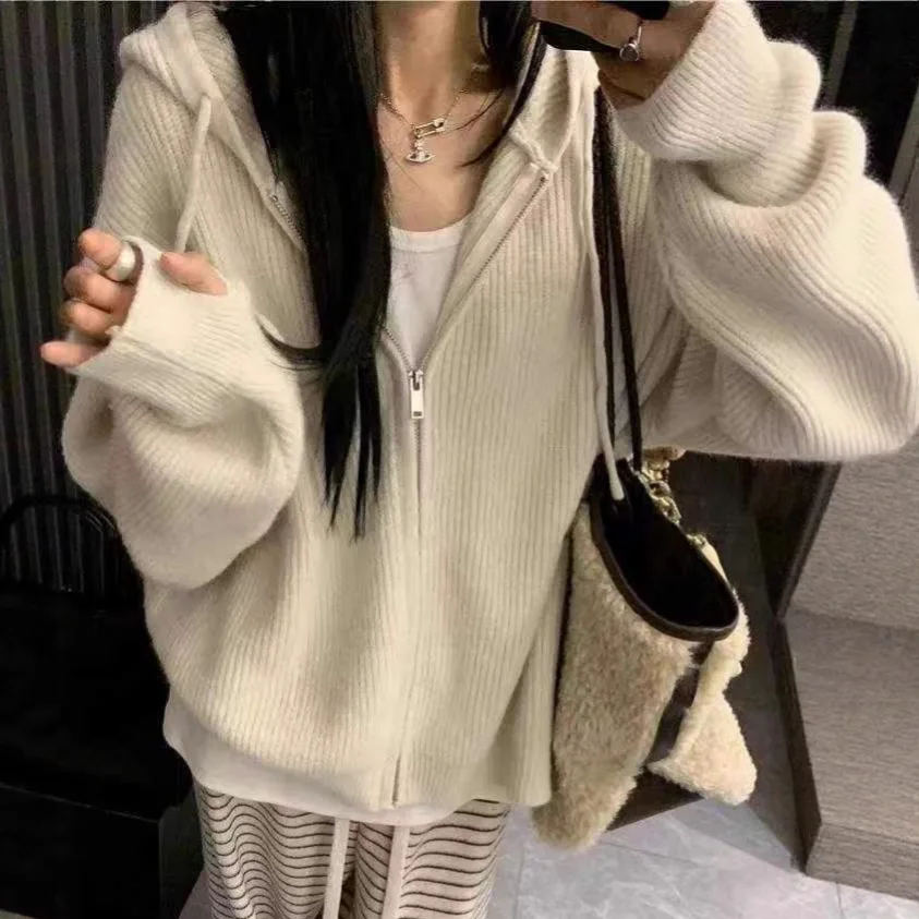 Women's Ribbed Knit Zip-Up Hoodie, Oversized Loose-Fit Full-Zip Sweater with Drawstring Hood, Casual Cozy Knitwear