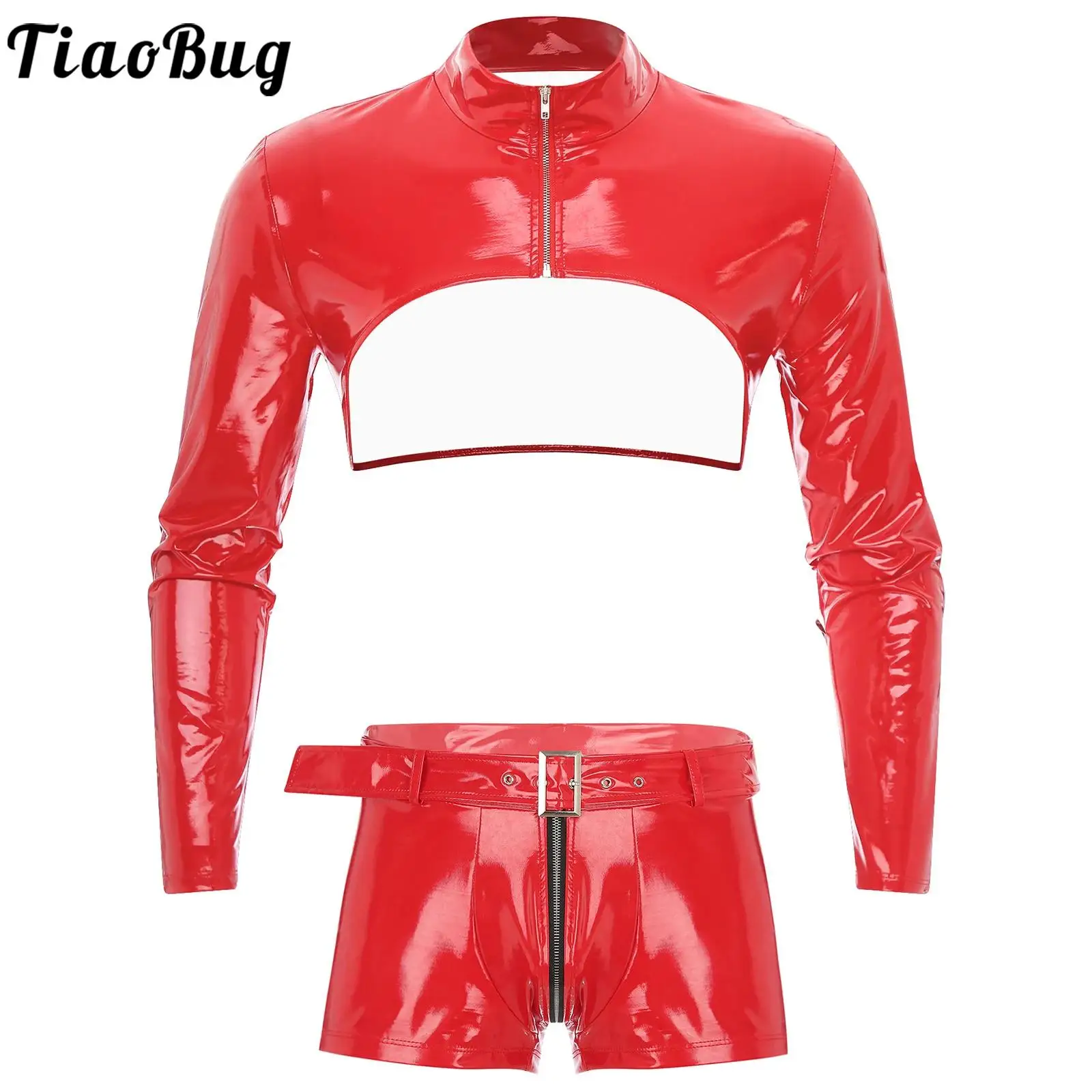 

Men Glossy Patent Leather Costume Wetlook Outfit Long Sleeve Zipper Crop Top And Zip Crotch Boxer Shorts Set Clubwear Nightwear