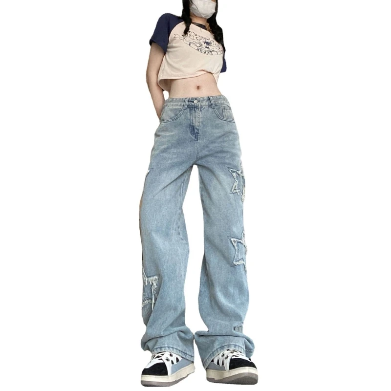 

Unique Street Wear Jeans for Women Embroidered Pants Loose Straight Trousers 066C