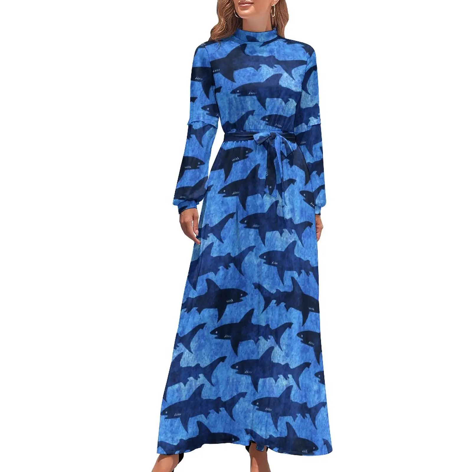 Shark in The Deep Blue Sea Dress Funny Animal Modern Maxi Dress Aesthetic Beach Long Dresses High Waist Print Clothing