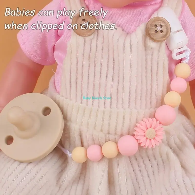 

K92D Cartoon Flower Beads Pacifier Holder with Clip Teething Modern Unisex Baby
