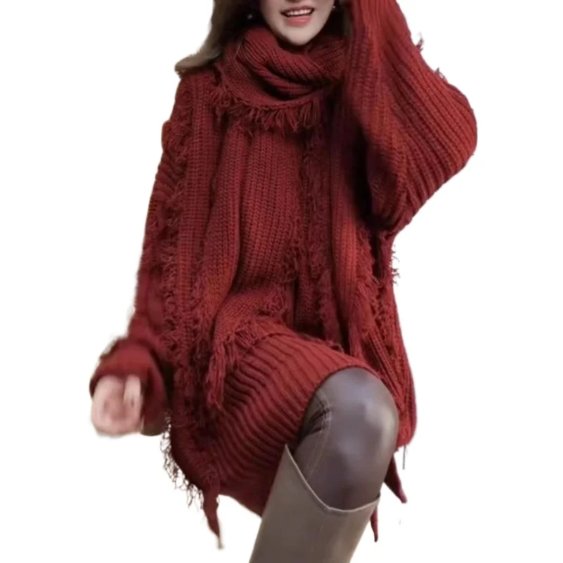 

(Factory Direct Sales) Autumn and Winter Heavy Industry Fringed V-neck Sweater + Scarf Two-piece Set Women's Lazy Wind Split Top