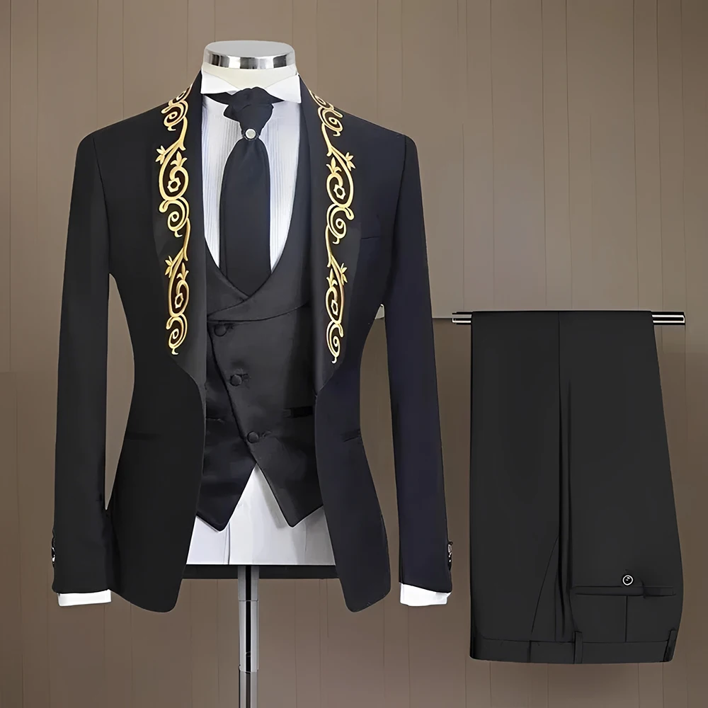 Italian Suits For Men Gold with Embroidery Shawl Lapel Slim Fit Wedding Groom Tuxedo 3 Pcs Costume (Jacket + Vest + Pants) 2026