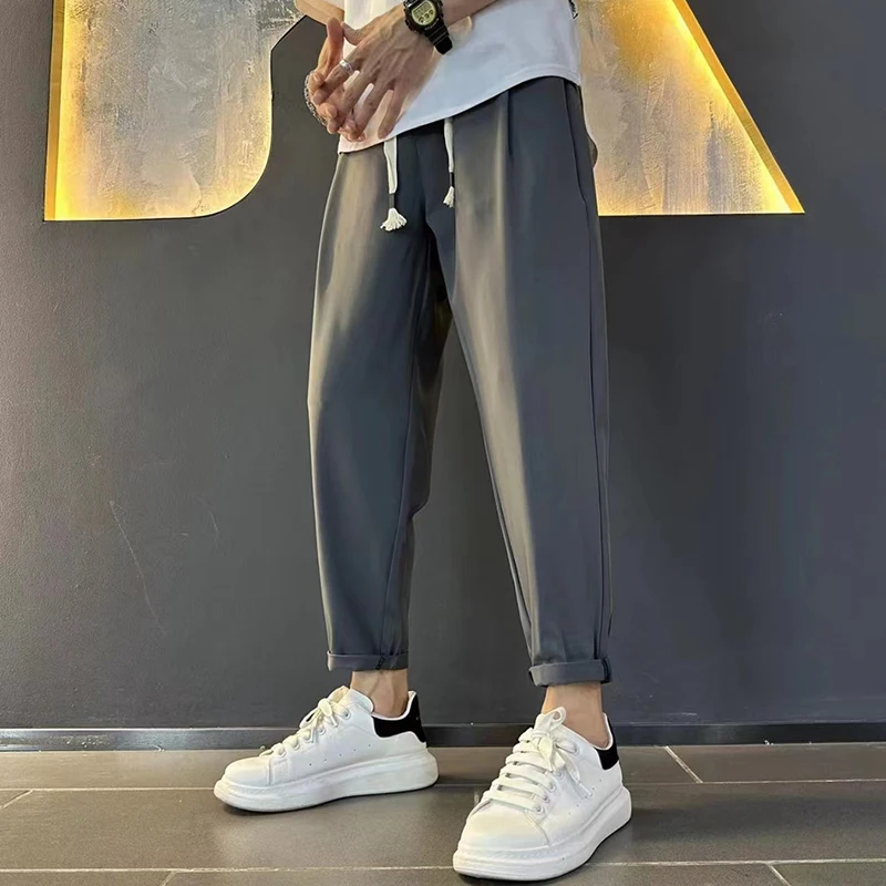 

Мужские повседневные брюки без глажки, свободного кроя, на флисовой подкладке, прямые спортивные брюки, модные черные широкие брюки-палаццо (длиной 7/8)