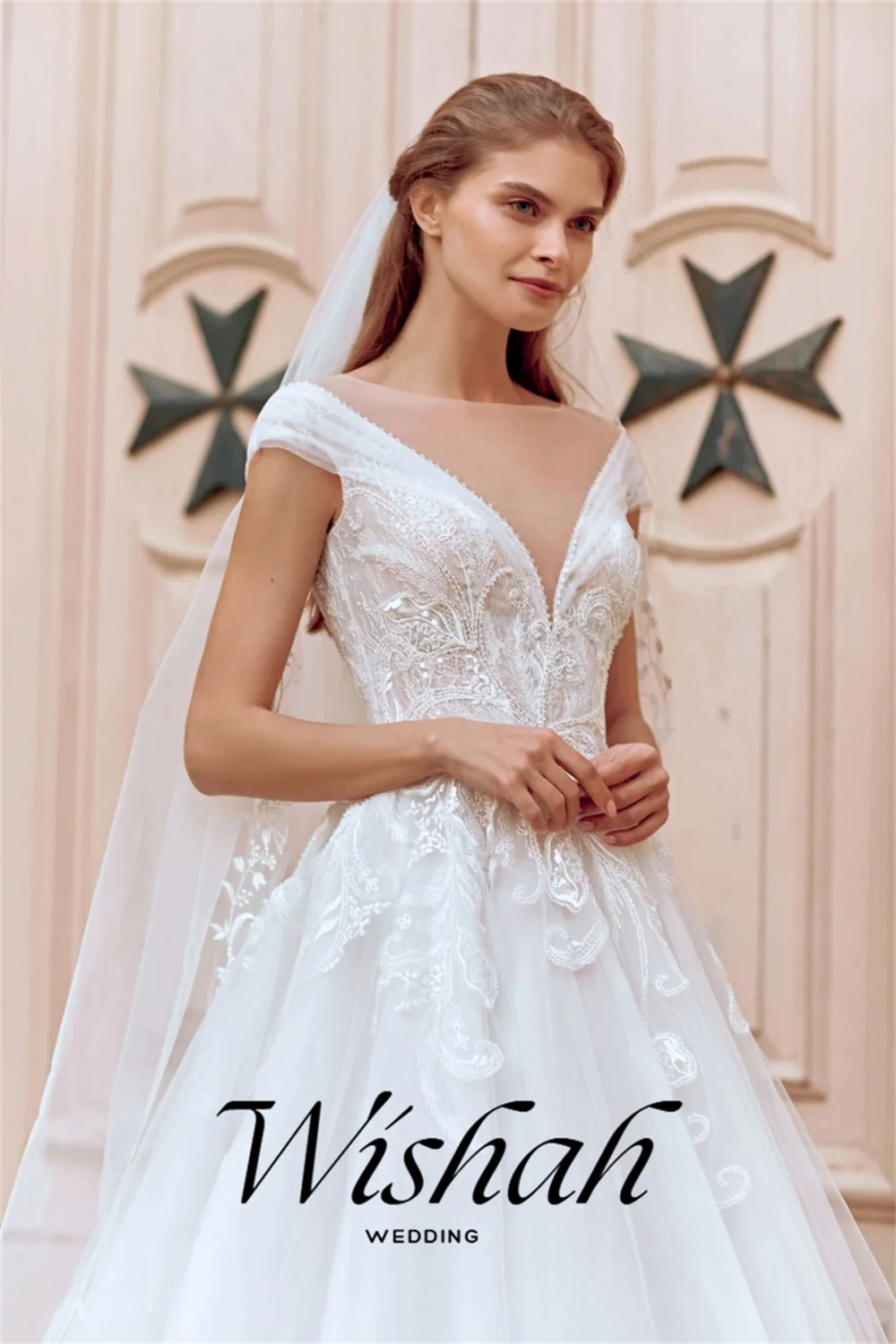 A-Line Off Shoulder V-Neck Wedding Dress White Tulle Backless Cathedral Train Bridal Gown for 2027 Customized