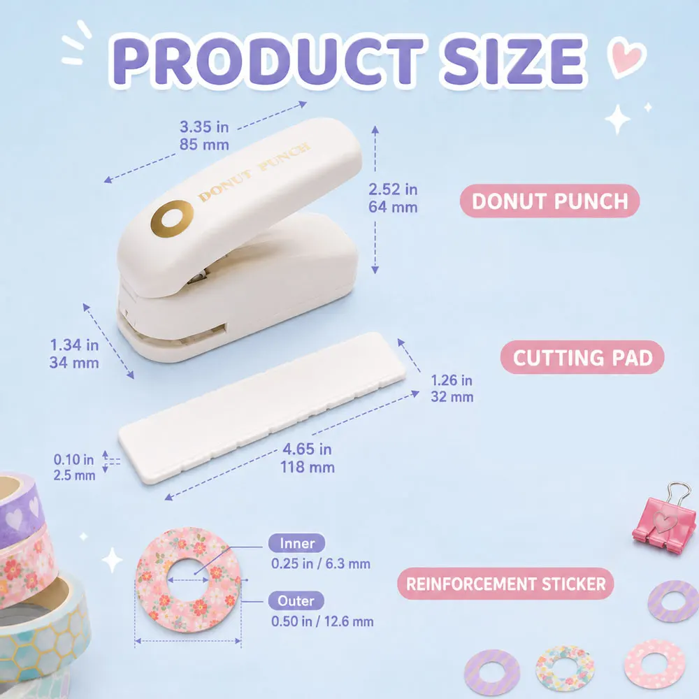 Donut Reinforcement Sticker Punch with Cutting Pad, ABS Hole Protector Maker for Loose-Leaf Paper Repair and Tear Prevention