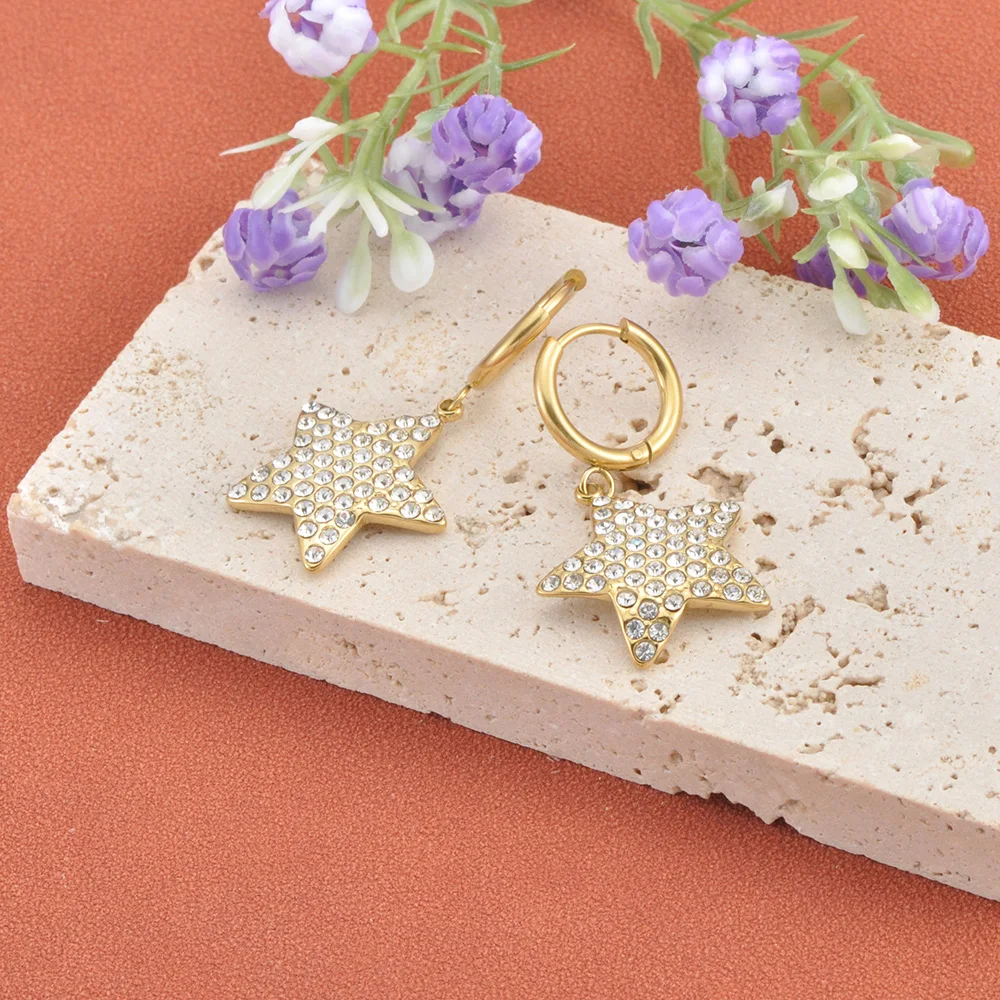 JeeMango Women's High-Quality Star Pendant Earrings Zircon Simple Stainless Steel Design Birthday Party Wedding Jewelry E26029