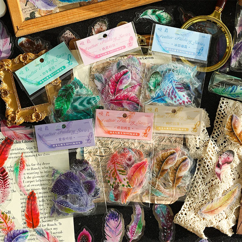 40pcs Waterproof PVC Feather Decorative Stickers for Collage Material Scrapbooking DIY Journaling