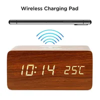 Alarm Clock LED Digital Wooden USB/AAA Powered Table Watch with Temperature Humidity Wireless Charging Electronic Desk Clocks