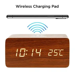 Sveglia LED digitale in legno USB/AAA alimentato orologio da tavolo con temperatura umidità ricarica Wireless orologi da tavolo elettronici