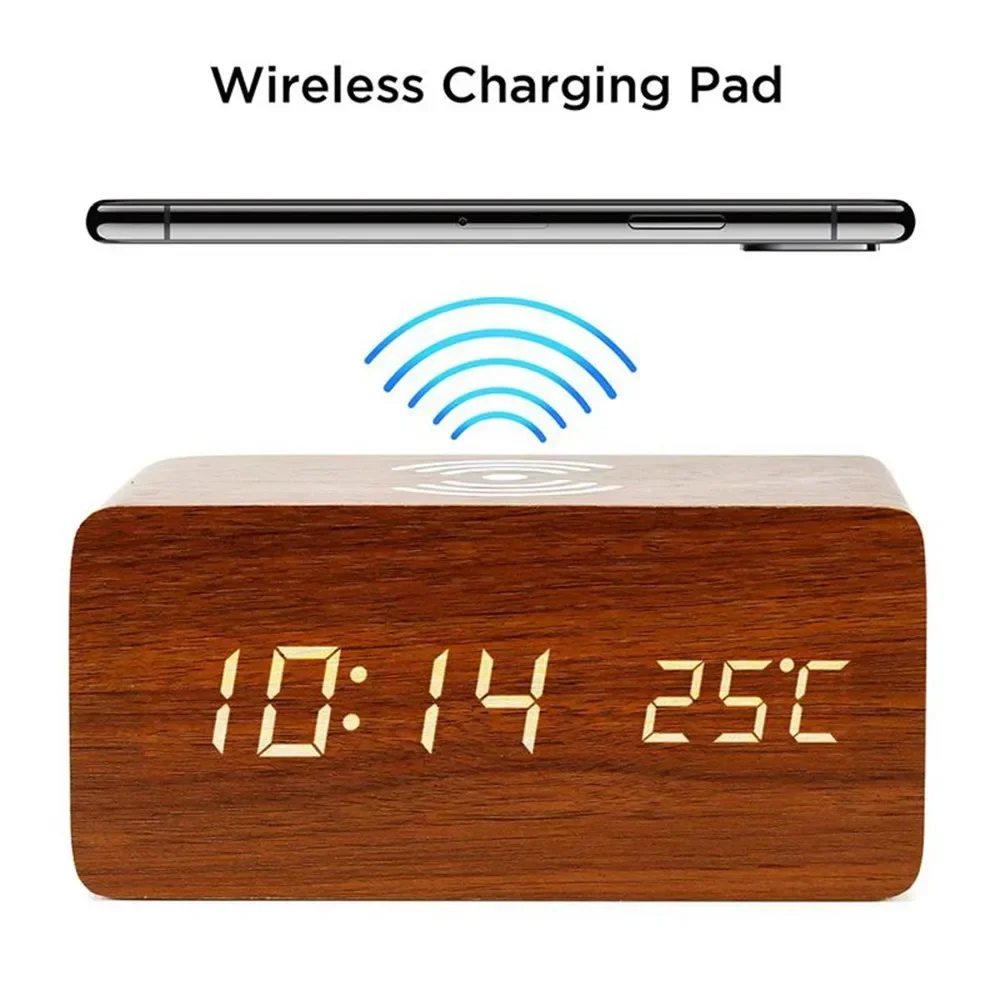 Alarm Clock LED Digital Wooden USB/AAA Powered Table Watch with Temperature Humidity Wireless Charging Electronic Desk Clocks