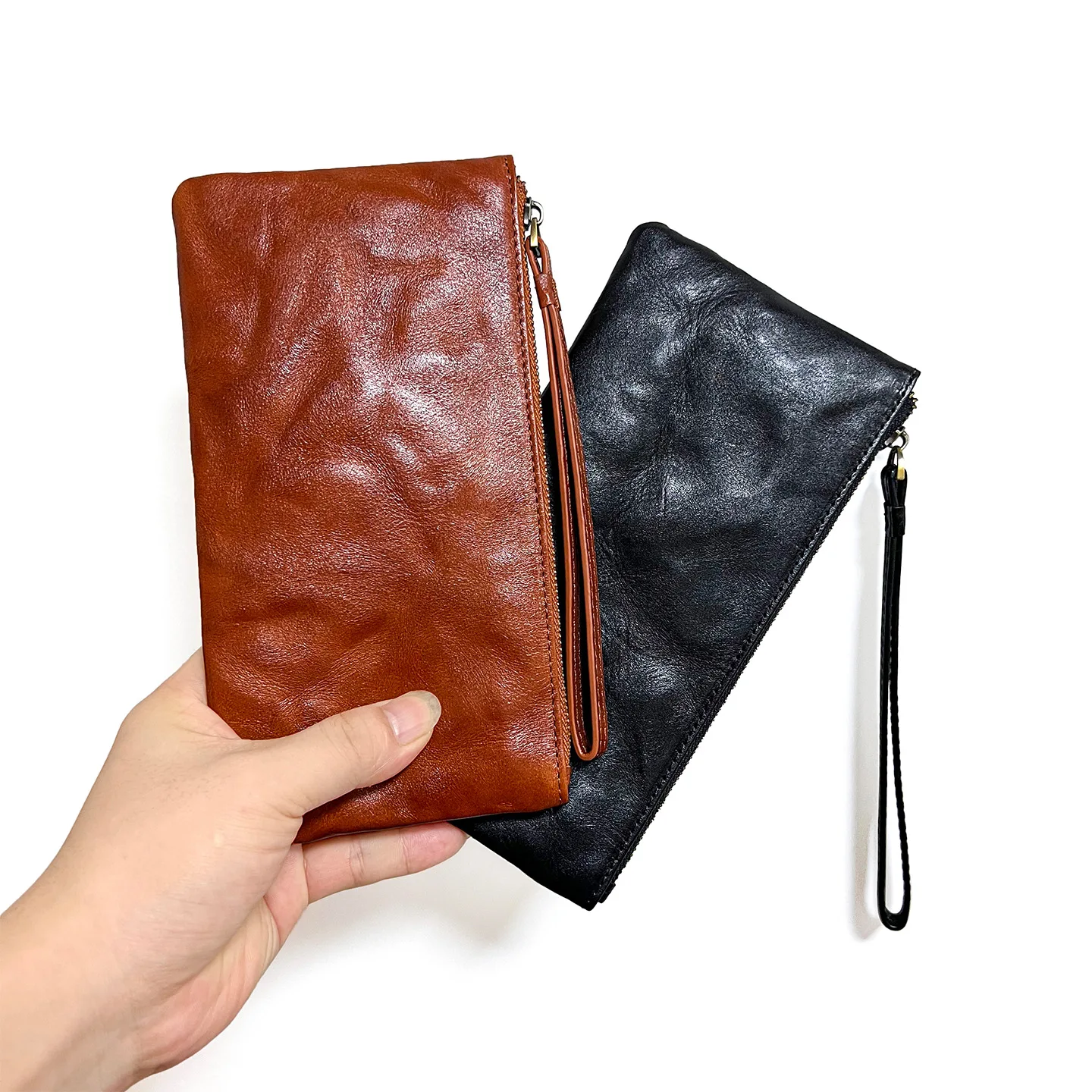 Women & Men Wrinkle Cowhide Long Wallet Zipper Closure Wrist Strap Multi‑Card Slots Wallets ,can hold Smartphone Passport Cash