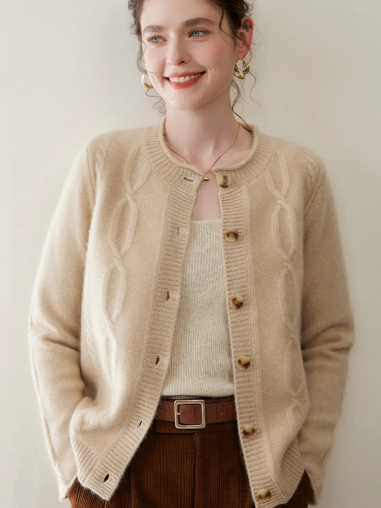

Women 100% Cashmere Sweater Curl O-neck Cable Knitting Cardigan Luxury Vintage Style Thick Cashmere Knitwear Autumn Winter Tops