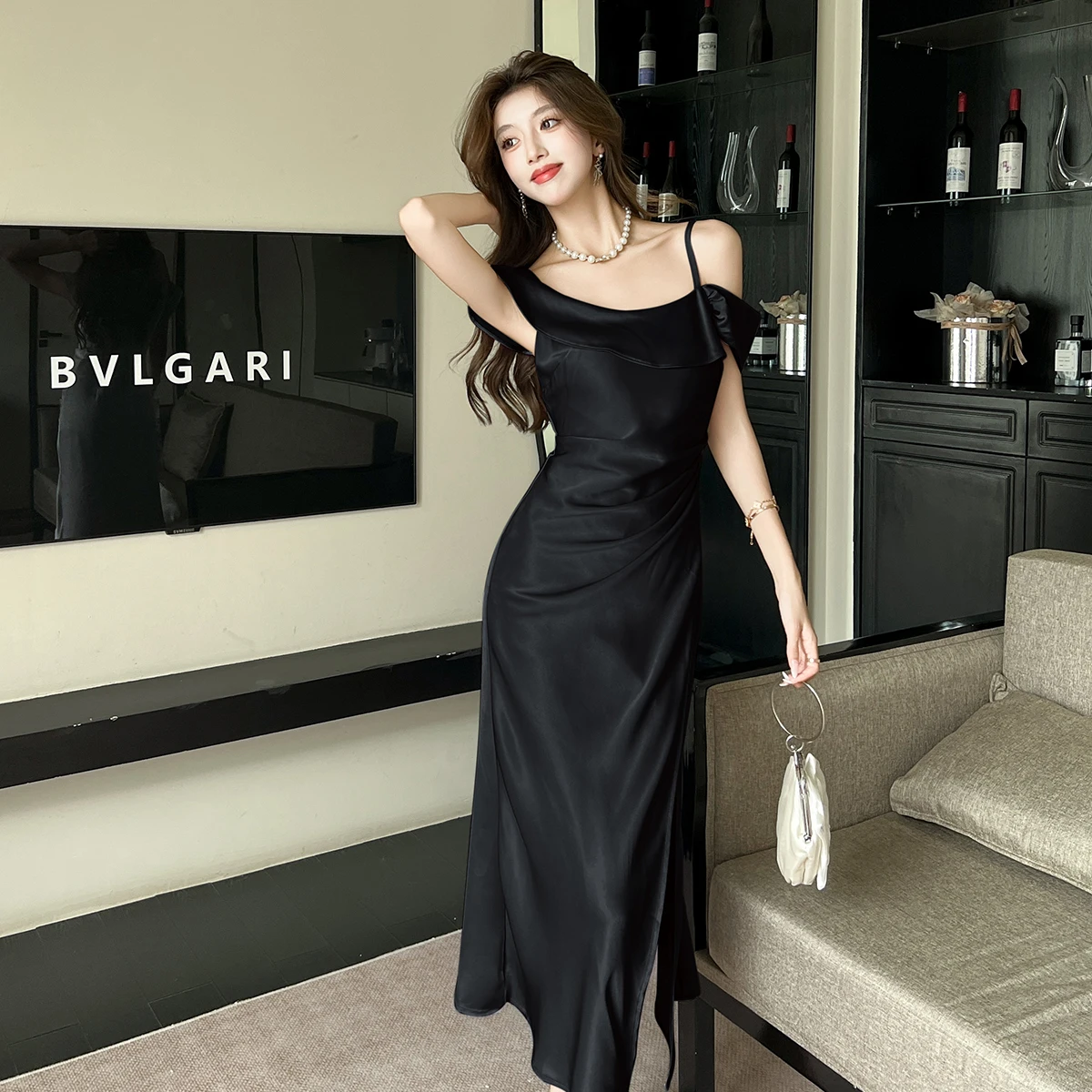 Vestido longo feminino elegante cetim folha de lótus borda uma palavra ombro suspender fora do ombro fino ajuste festa clube