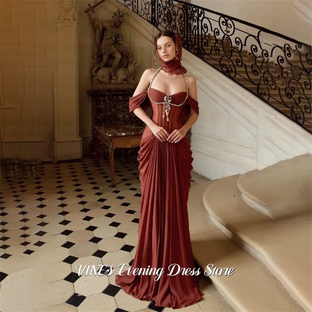 

VINES Rust Red Mermaid Prom Dress Off Shoulder Celebrity Dresses with Beaded and Lace Women's Evening Dress for Gala Customized