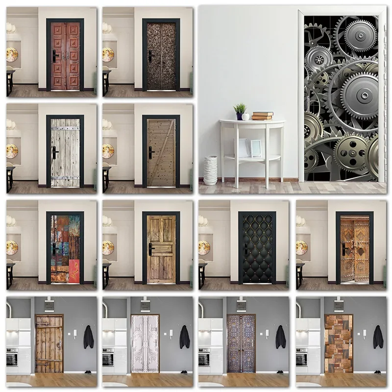 Retro Metal Gear Wallpapers Wooden Door Sticker Art For Living Room Door Decoration Self Stick Renew Home Improvement 3D Murals