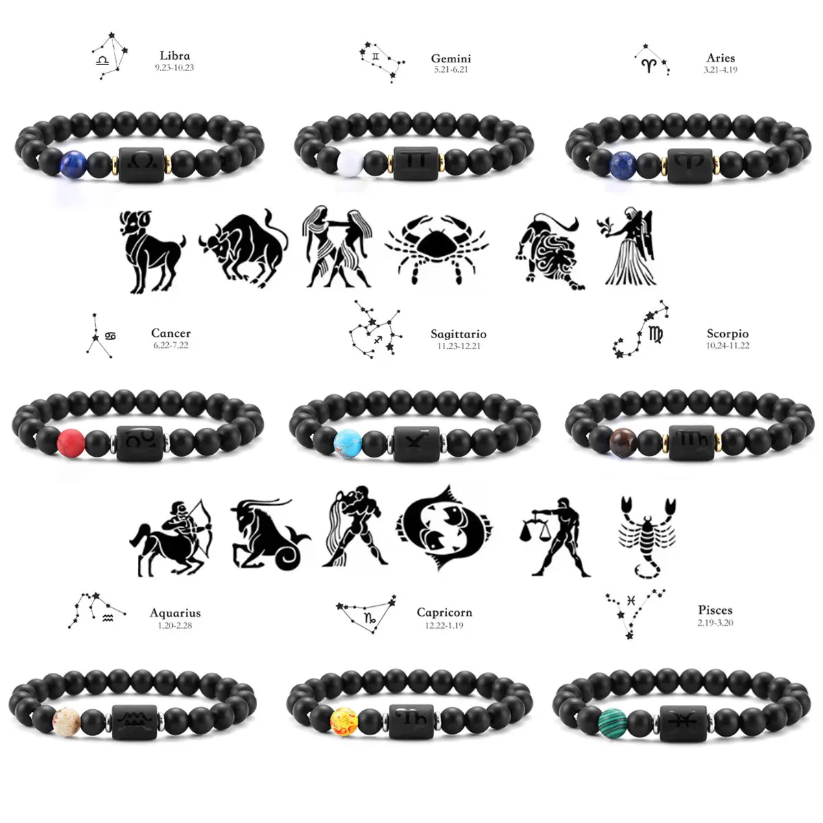 

Браслет со знаком зодиака, месяц рождения, браслет с камнем на удачу, эластичный браслет из натурального черного камня для мужчин и женщин, подарки на юбилей
