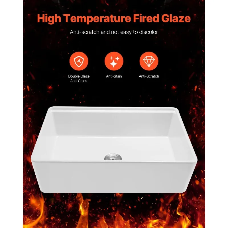 Wastafel dapur single bowl model farmhouse ukuran 32,5x20 inci, terpasang di bawah meja, warna putih fireclay