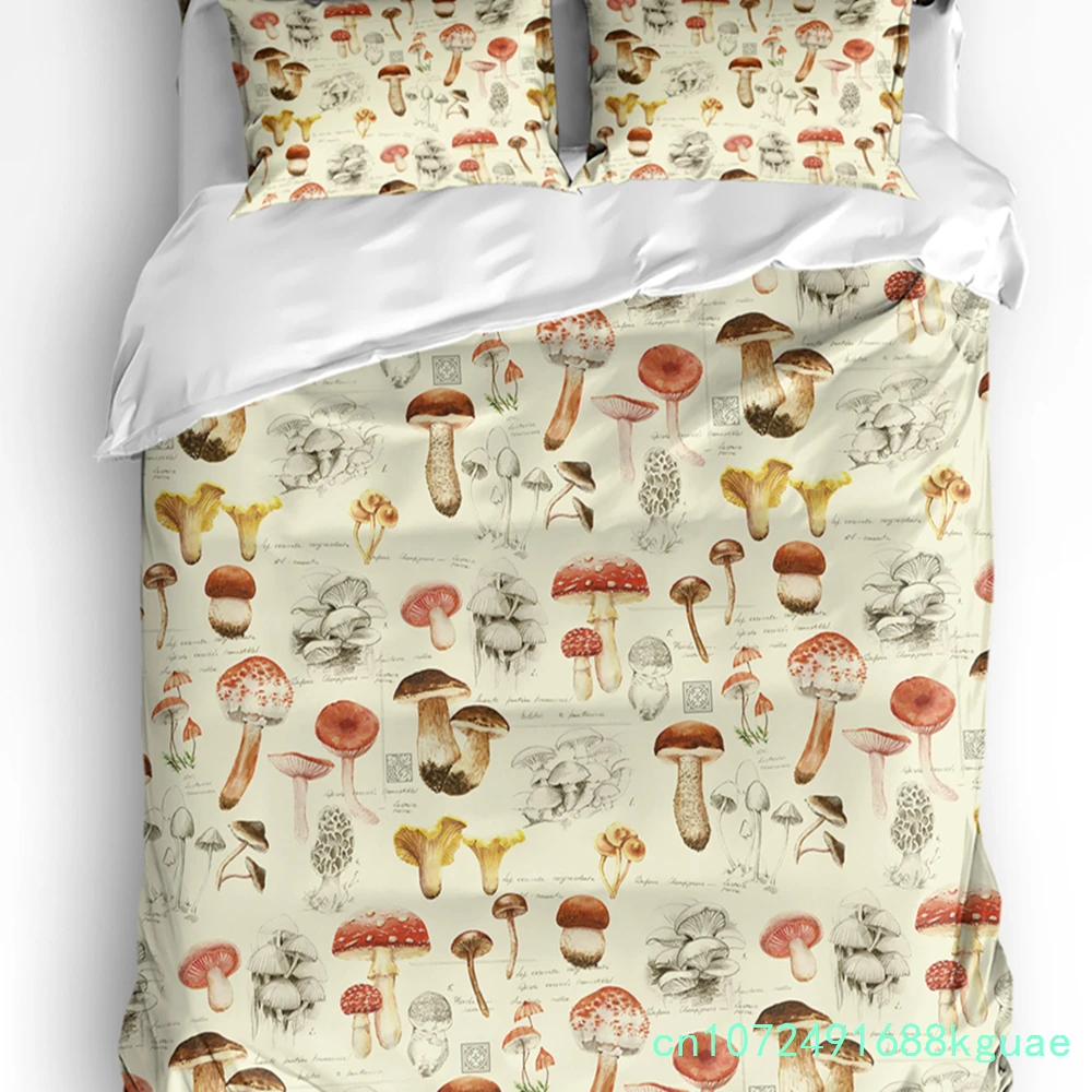 Home Textiles Bedding - マッシュルーム柄ヴィンテージ3点寝具セット（ダブルベッド用）ホームテキスタイル掛け布団カバー、キルトカバー、枕カバー