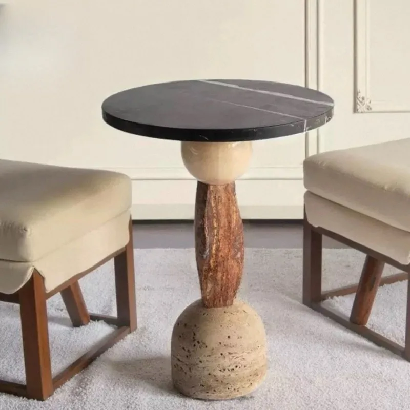 

Wabi-sabi Style Marble Sofa Side Coffee Table Premium Light Luxury Round Travertine Sofa Side Table