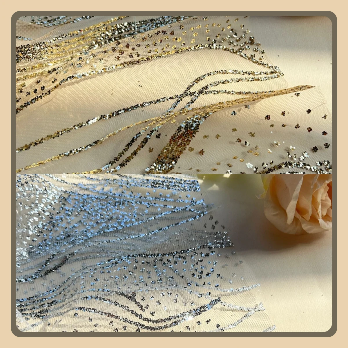 

Scalloped sequin water ripple lace fabric with gold and diamond beads for wedding dress backdrop bed decoration netting material