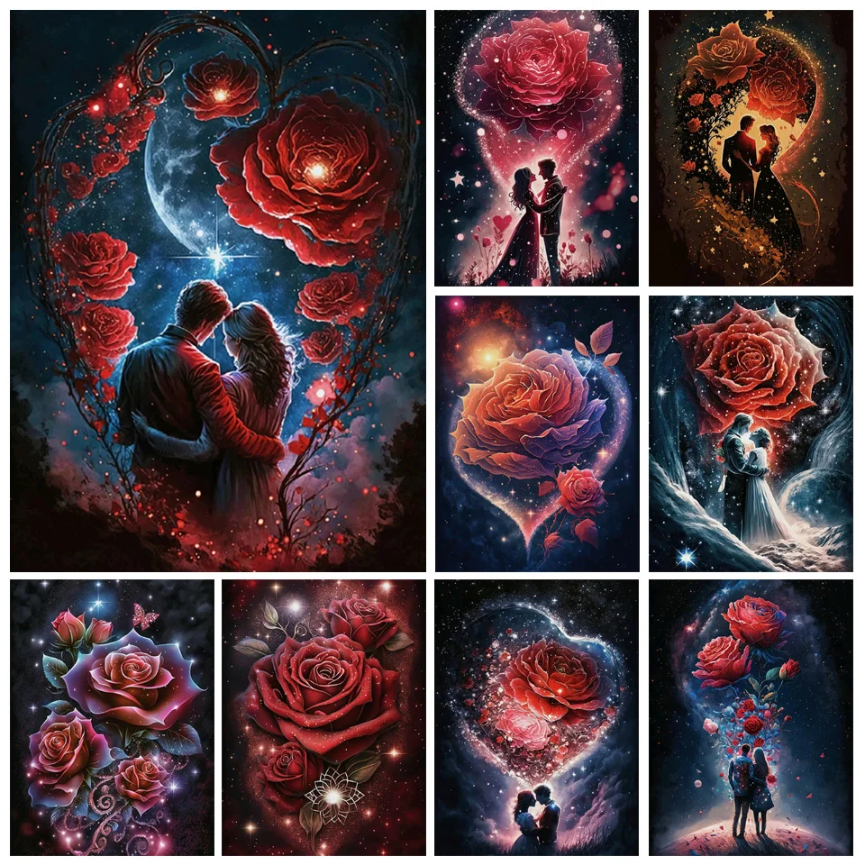 Romantic Lover Diamond Painting Rose Starry Sky Landscape Embroidery Full Mosaic Rhinestones Cross stitch Handicraft Gif