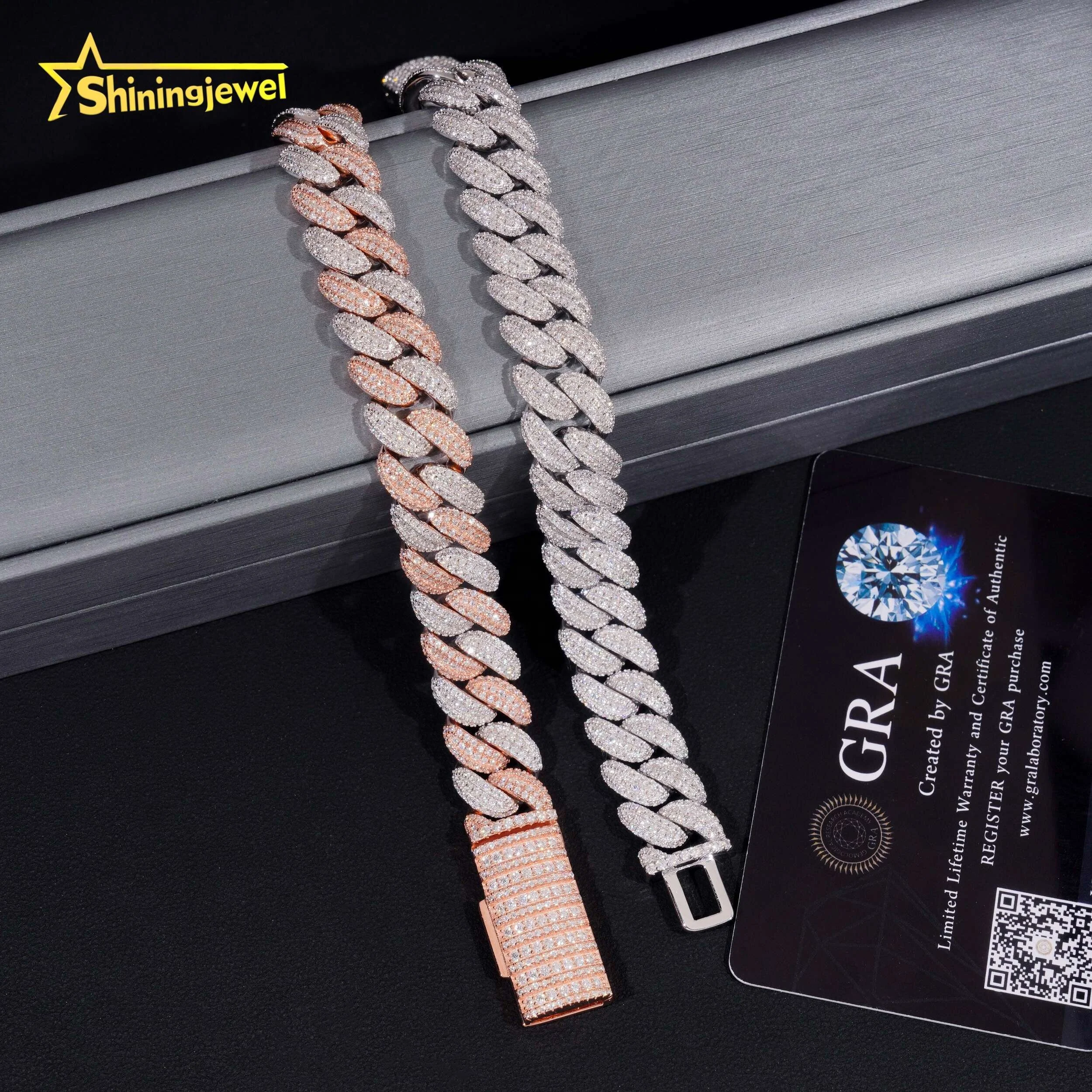 High Quality Iced Out Moon Shape 925 Silver Two Tone Hip Hop 13mm Mens Moissanite Cuban Link Bracelet...