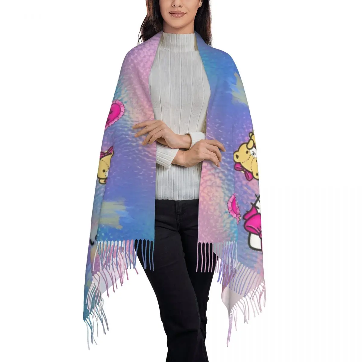 مرحبا كيتي قوس قزح طباعة (2) وشاح المرأة الأوشحة الكبيرة مع شرابة الشتاء شالات الرجعية ويلتف في الهواء الطلق مخصص لتقوم بها بنفسك Bufanda #3