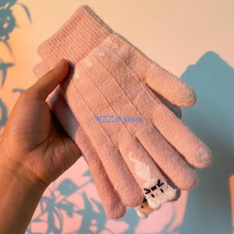 

T21F Lovely Cats Screentouch Gloves for Women Girl Soft Knitted Winter Warmth Glove with Thick Lining for Outdoor Activity