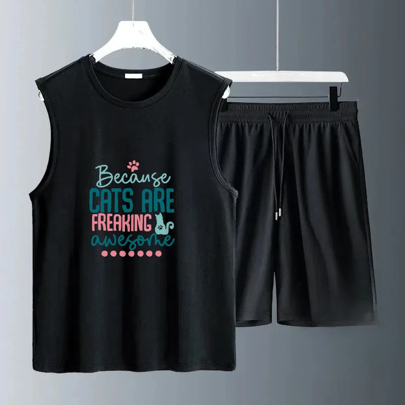 

2025 Men Sleeveless Polyester Fiber Simple and elegant color with English letter prints suits Sports T-shirts+Shorts Summer Sets