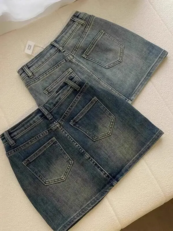 Retro Washed Blue Denim Short Skirt Women's Slim Fit A-Line  Skirt Summer New Style High Waist Casual Daily Commute